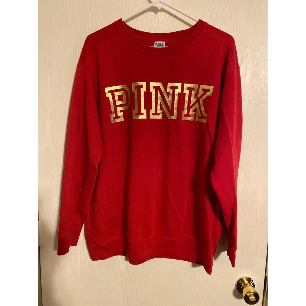 Victoria's Secret PINK Red Crewneck Sweatshirt Gold Foil Logo Medium 0511